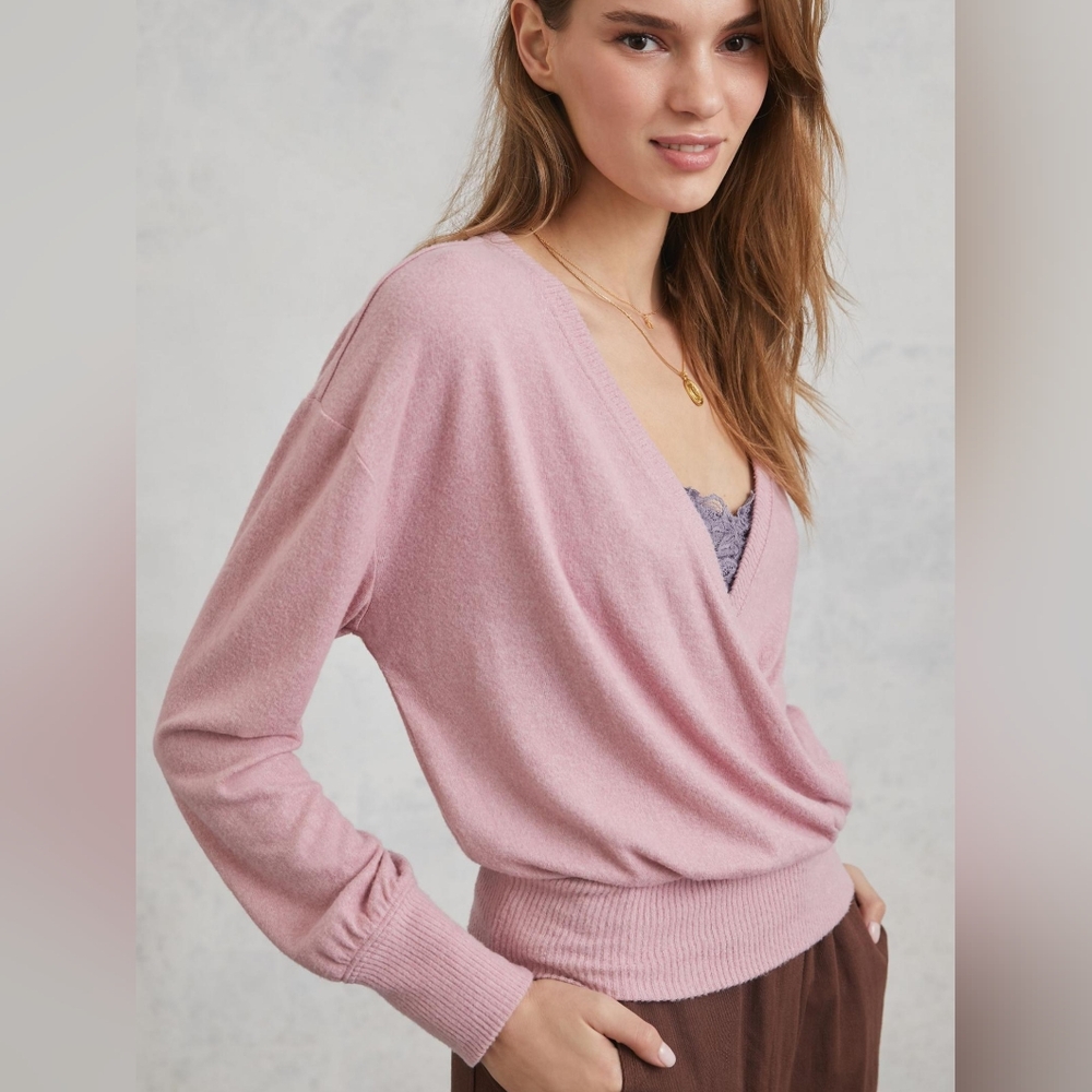 Anthro Rocio Surplice Faux Wrap V front rose pink sweater